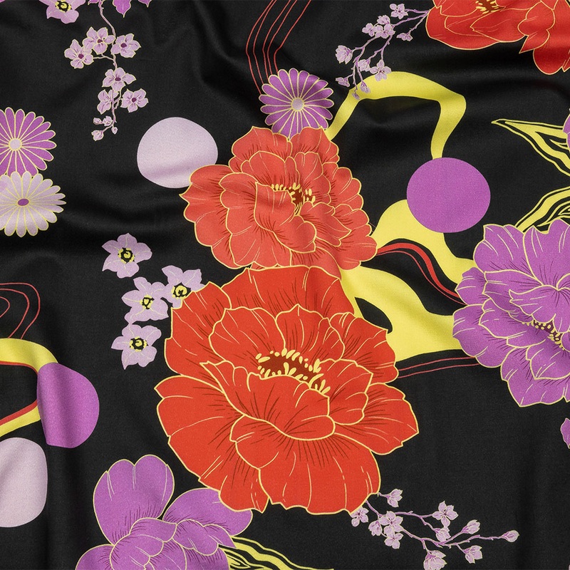 Stretch Cotton Sateen – Black, Red and Purple Floral – Japanese Daydreams Print – Mood Exclusive Groove Collection