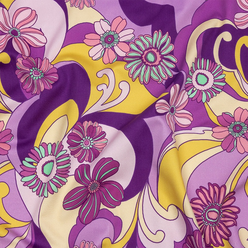 Stretch Cotton Sateen – Purple Swirls and Florals – Float Away Print – Mood Exclusive Groove Collection