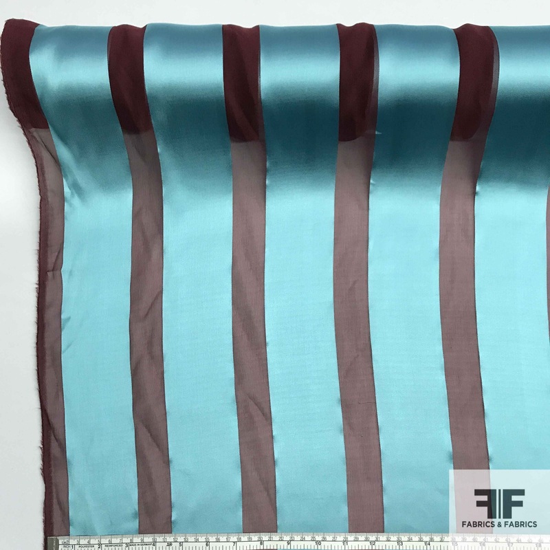 Striped Satin Chiffon Burnout – Teal/Maroon Fabric by the Yard