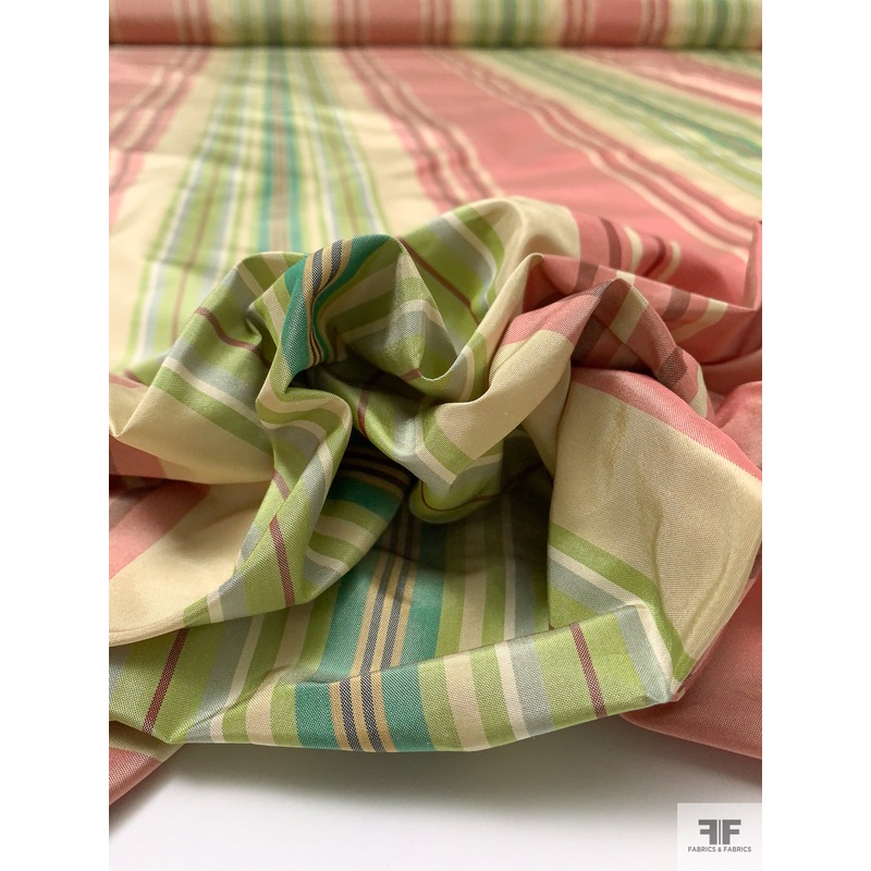 Vertical Striped Yarn-Dyed Silk Taffeta – Antique Dusty Rose / Greens / Antique Beige Fabric by the Yard