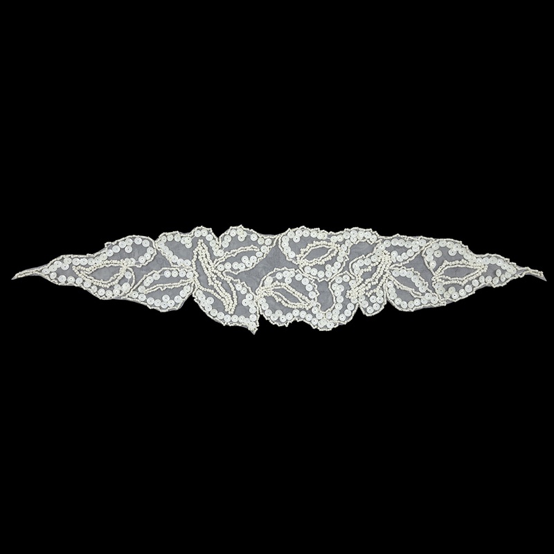 Vintage White Abstracted Leaves Beaded and Sequins Sheer Mesh Applique – 3.75″ x 18.25″