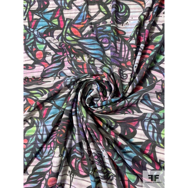 Abstract Graffiti Printed Stretch Nylon Power Mesh-Tulle – Multicolor Fabric by the Yard