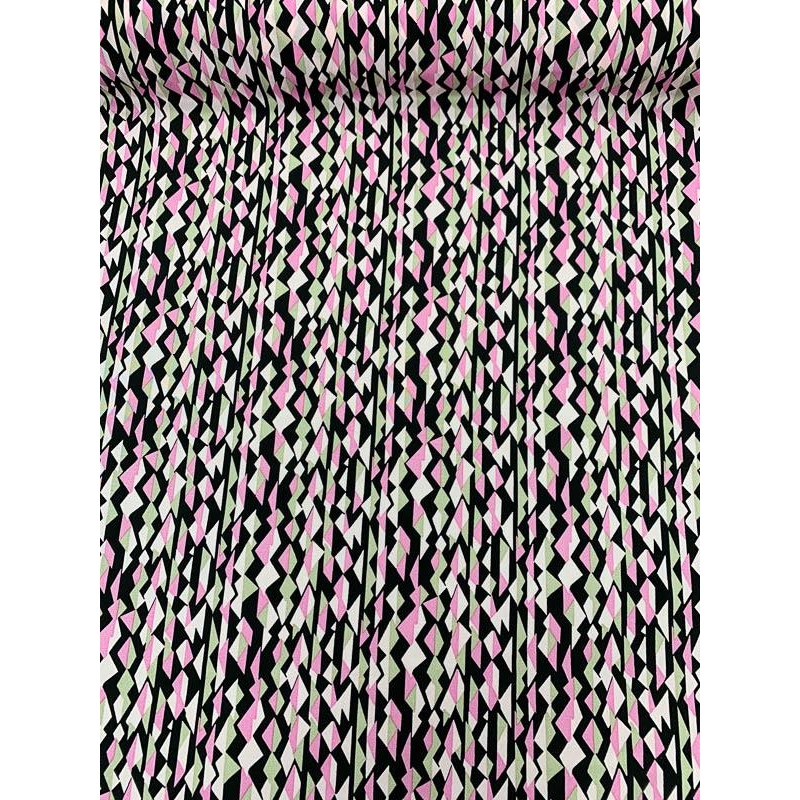 Art Deco Linear Pattern Printed Silk Crepe de Chine – Pink / Black / Taupe Fabric by the Yard