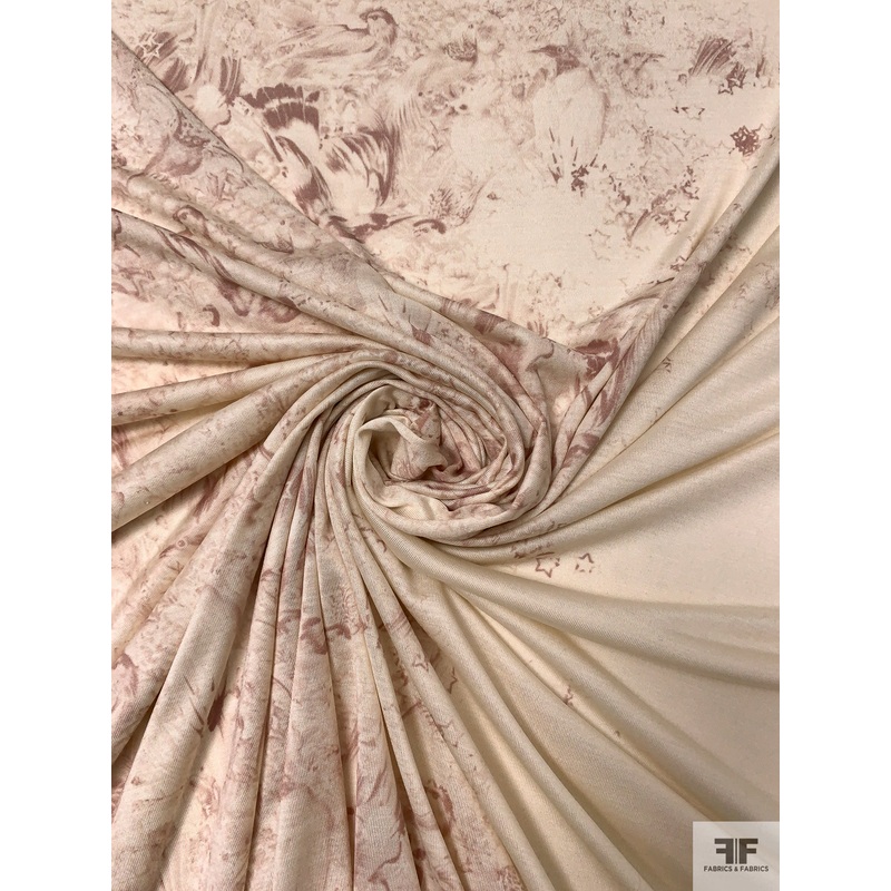 Birds and Floral Border Pattern Printed Silk Jersey Knit – Beige / Mauve Fabric by the Yard
