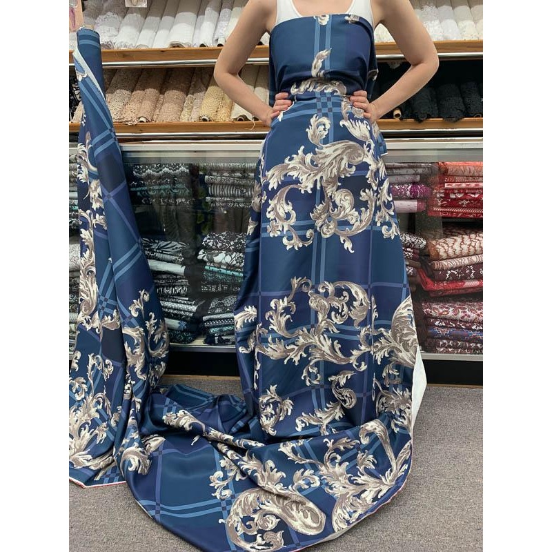 Famous NYC Designer Italian Terracotta Vine Printed Fine Silk Faille Panel – Blue / Grey Fabric by the Panel