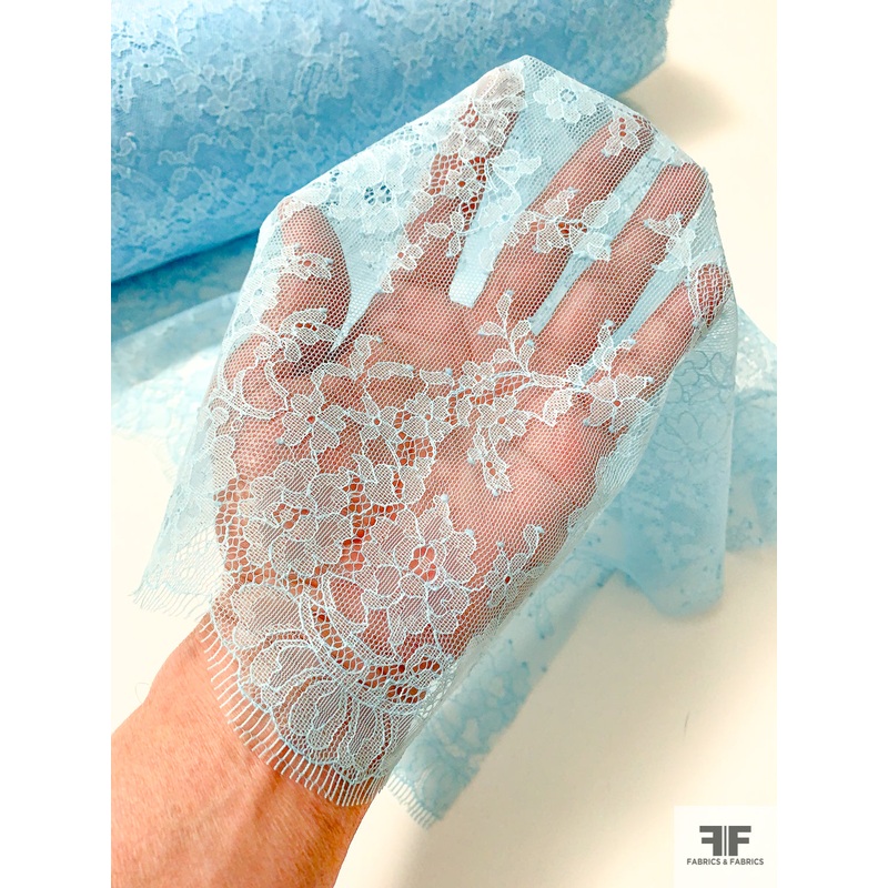 French Floral Chantilly Lace Trim Strip – Light Blue Lace by the Strip