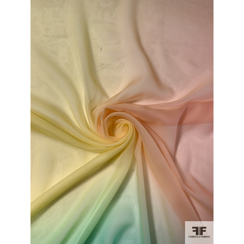 French Ombr Printed Silk Chiffon – Yellow / Salmon / Green Fabric by the Yard