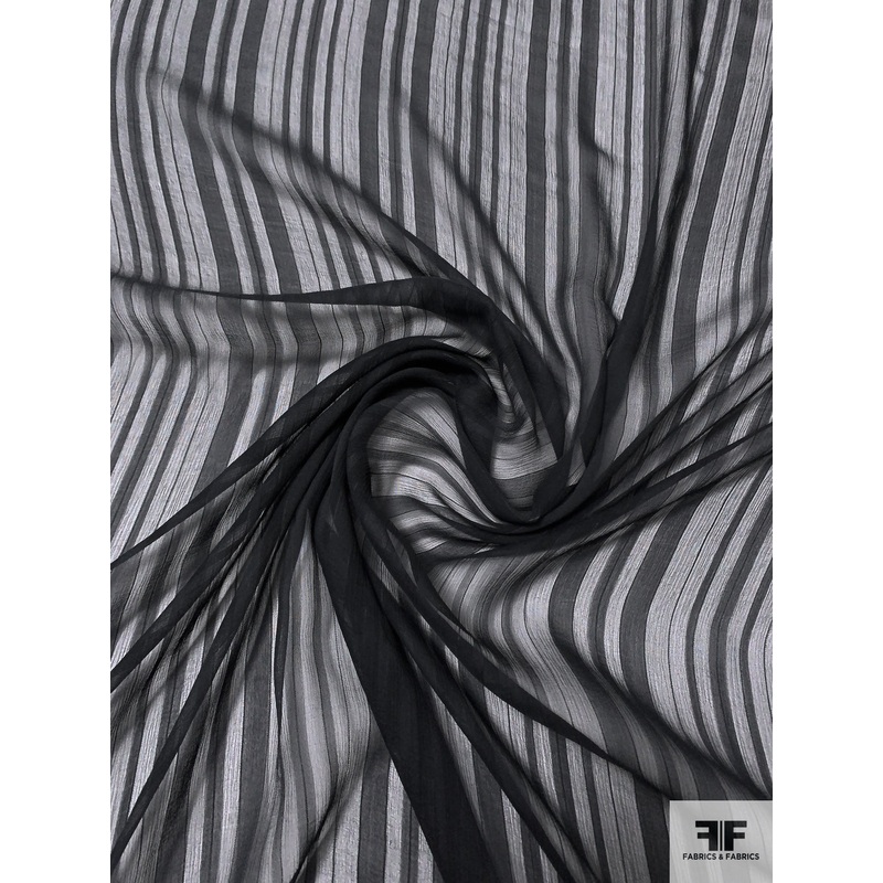 French Tone-on-Tone Striped Lightly Textured Silk Chiffon – Black Fabric by the Yard
