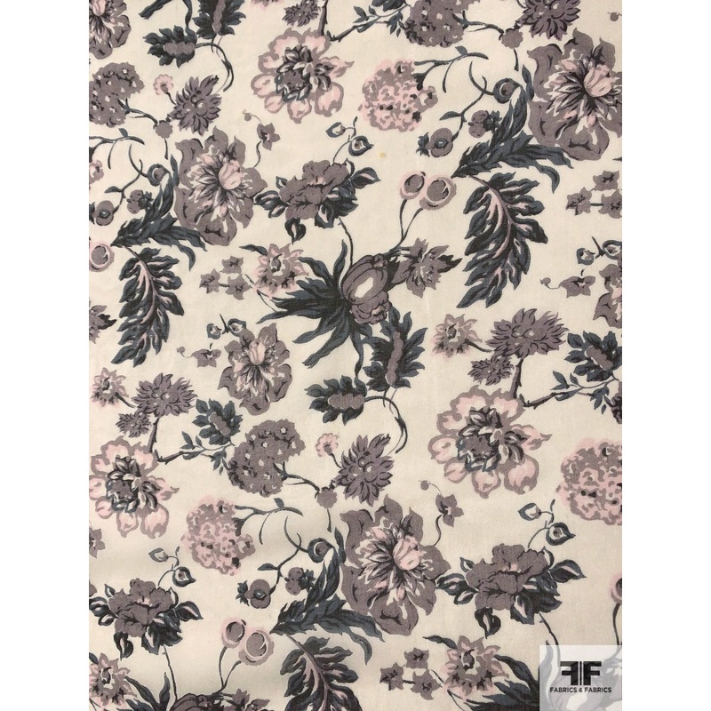 Intricate Floral Printed Silk Chiffon – Shades of Grey / Dusty Treal / Off-White Fabric by the Yard
