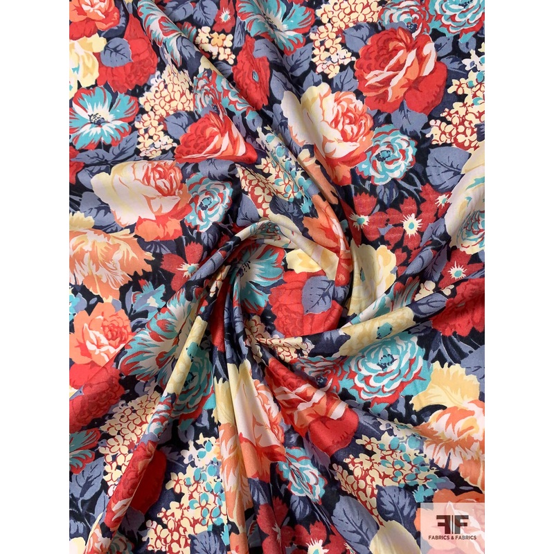 Liberty-Like Floral Printed Cotton Lawn – Navy / Dark Salmon / Turquoise / Pastel Yellow Fabric by the Yard