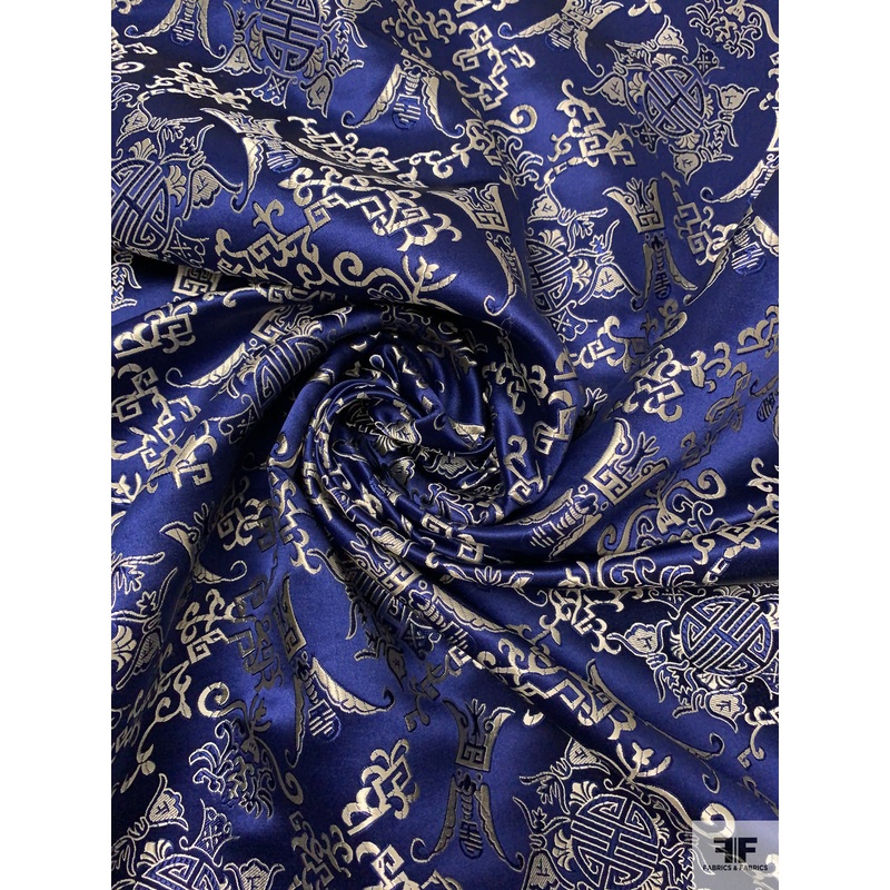 Medallion Links Chinese Brocade – Royal Blue / White-Gold Fabric by the Yard