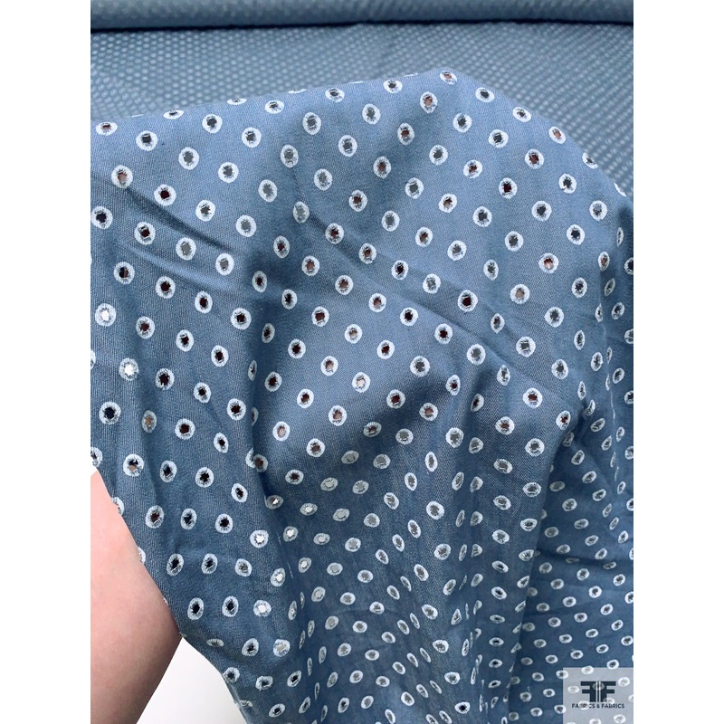 Perforated Dot Printed Cotton Chambray – Denim Blue / White Fabric by the Yard