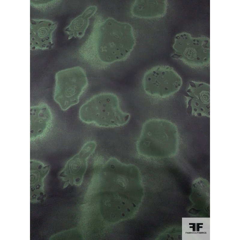 Spray Paint Floral Printed Satin Face Organza – Dark Green / Black Fabric by the Yard