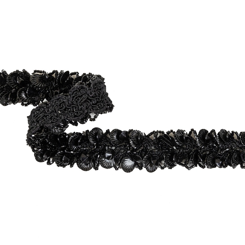 Vintage Black Seashell Sequins and Seed Beaded Braided Trim – 1.5″