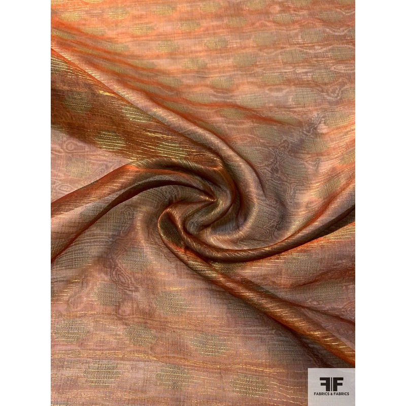 2-Ply Silk Organza with Lurex Threads in Between – Copper / Antique Green / Gold Fabric by the Yard