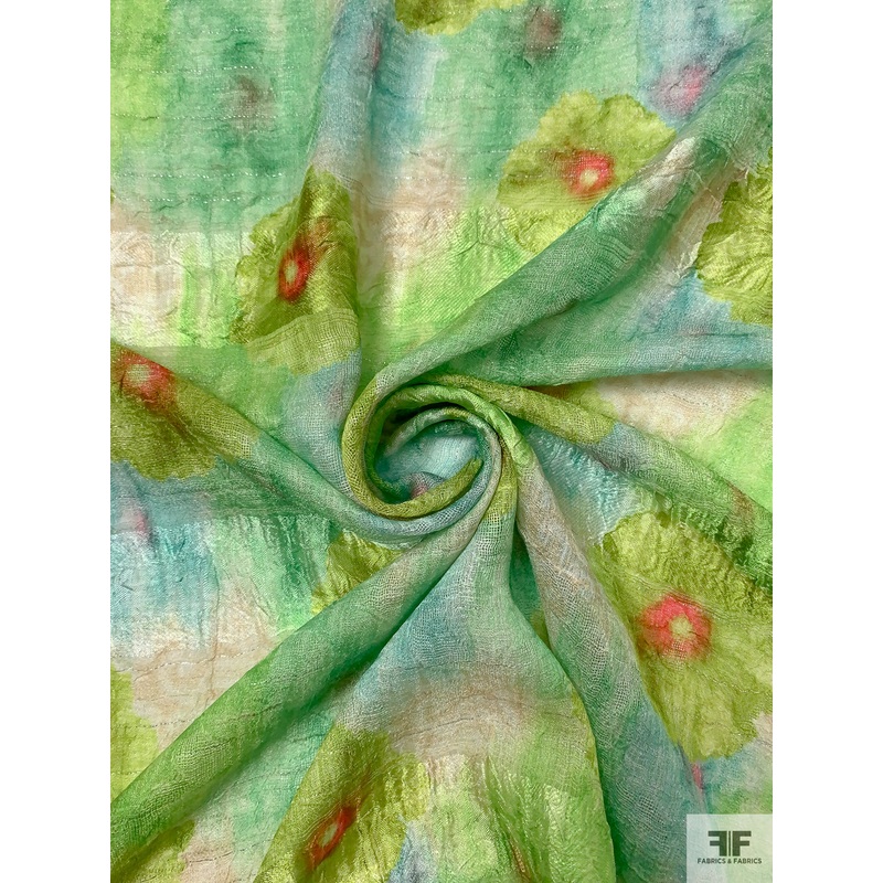 Floral Printed Novelty Crinkled Gauze with Lurex – Greens / Coral Pink / Champagne Gold Fabric by the Yard