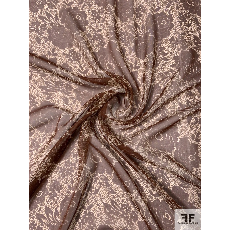 Floral Silhouette on Web Printed Silk Chiffon – Pecan Brown / Cream Fabric by the Yard