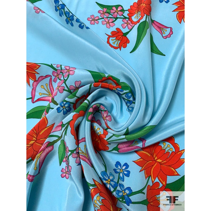 Floral Stem Printed Silk Crepe de Chine Panel – Sky Blue / Blood Orange / Green Fabric by the Panel