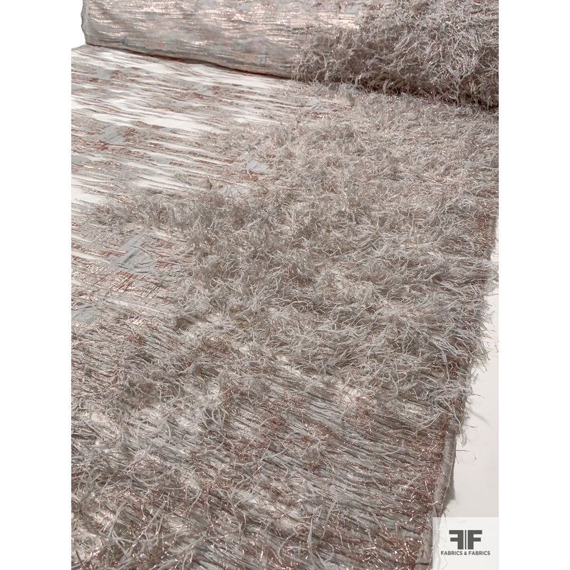 Glamorous Fringe Bordered Organza Matelass with Metallic – Grey / Rose Gold Fabric by the Yard