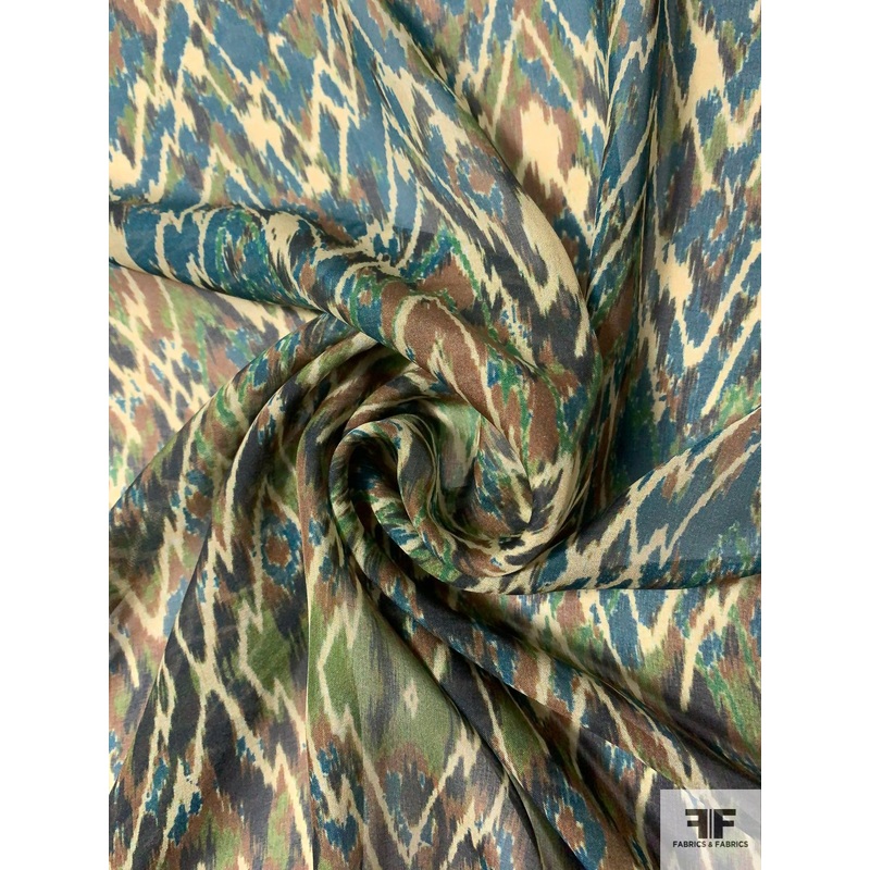 Italian Ethnic Ikat Printed Silk Chiffon – Green / Teal / Khaki Brown / Navy Fabric by the Yard