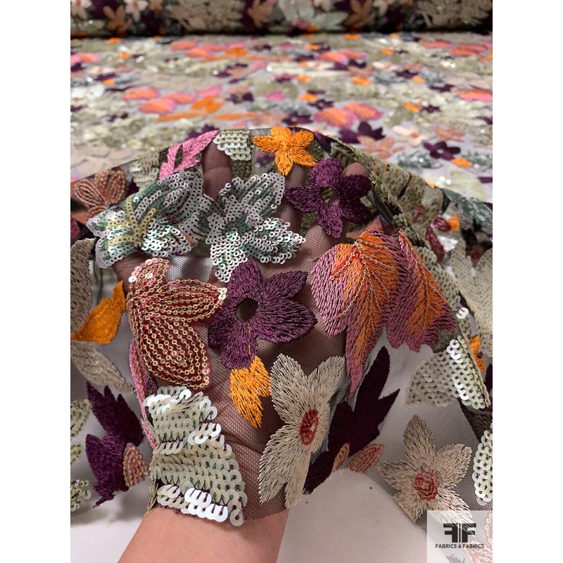 J Mendel Floral Embroidered and Sequined Tulle – Orange / Purple / Pink / Black / Taupe Fabric by the Yard