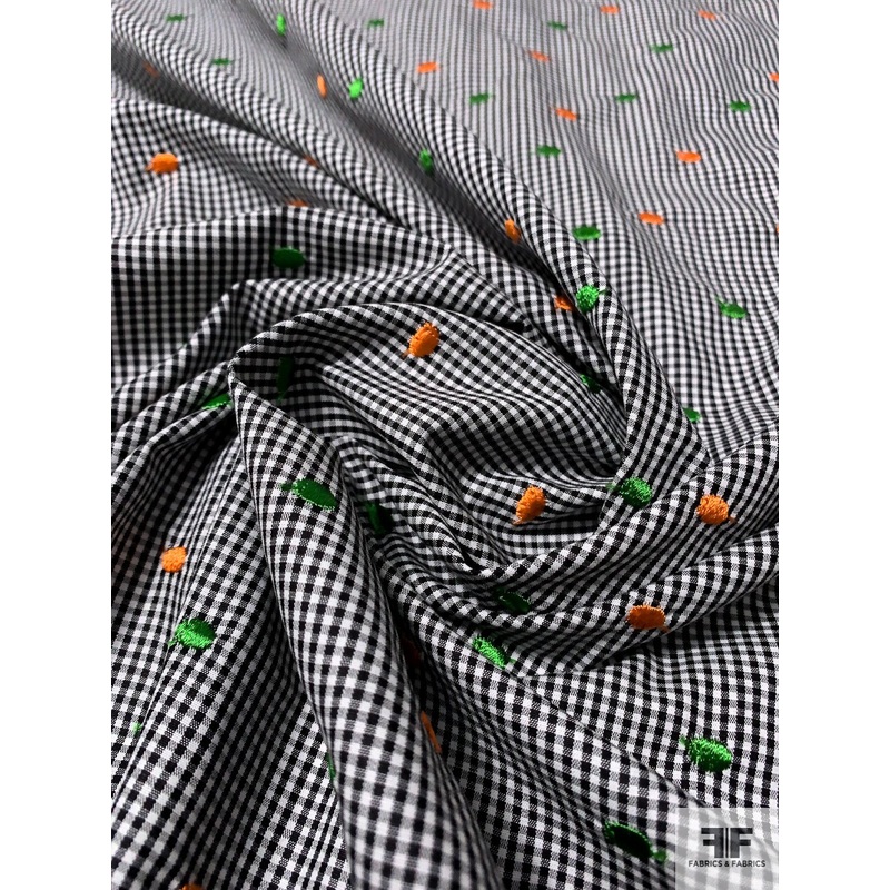 Mini Gingham Fine Cotton Shirting with Embroidered Ovals – Black / White / Green / Orange Fabric by the Yard