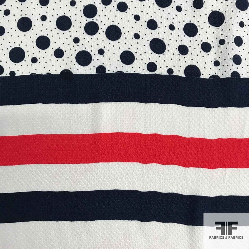 Striped/Polka Dot Printed Silk Pique – Red/White/Blue Fabric by the Yard