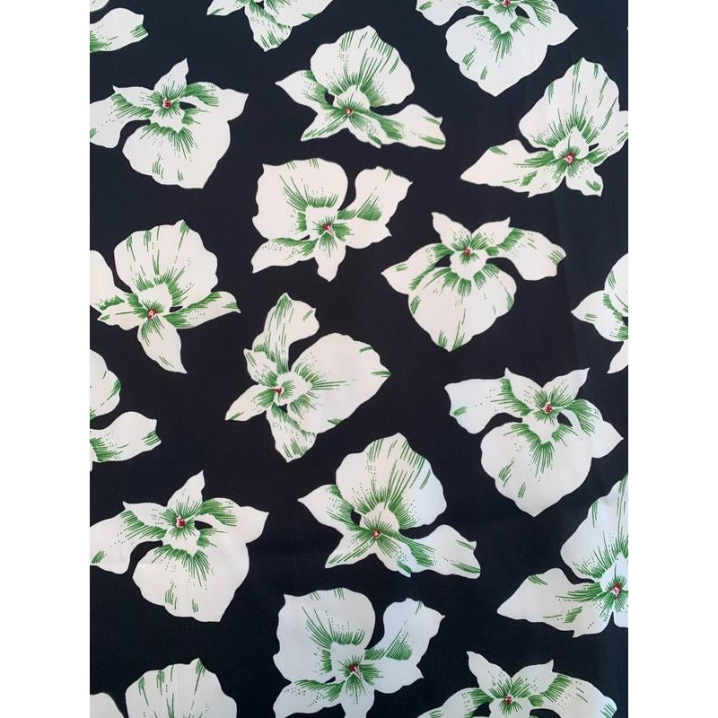 Tropical Floral Printed Silk Charmeuse – Black / White / Green Fabric by the Yard