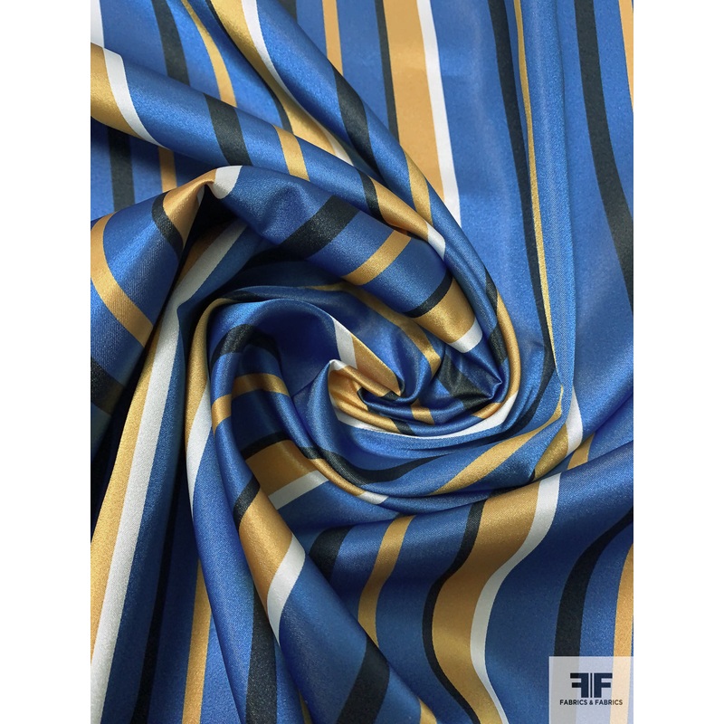 Vertical Striped Printed Polyester Satin – Blue / Ochre / Navy / White Fabric by the Yard