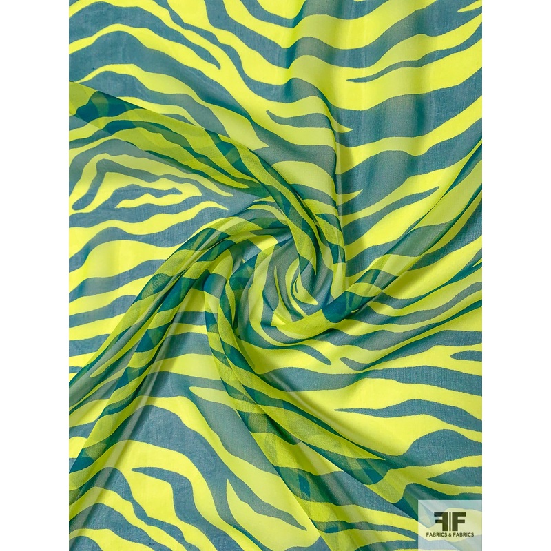 Vibrant Tiger Pattern Printed Silk Chiffon – Chartreuse / Teal Fabric by the Yard